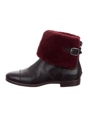 UGG Women's Black Leather Ankle Boot with Burgundy Shearling Cuff 7 us